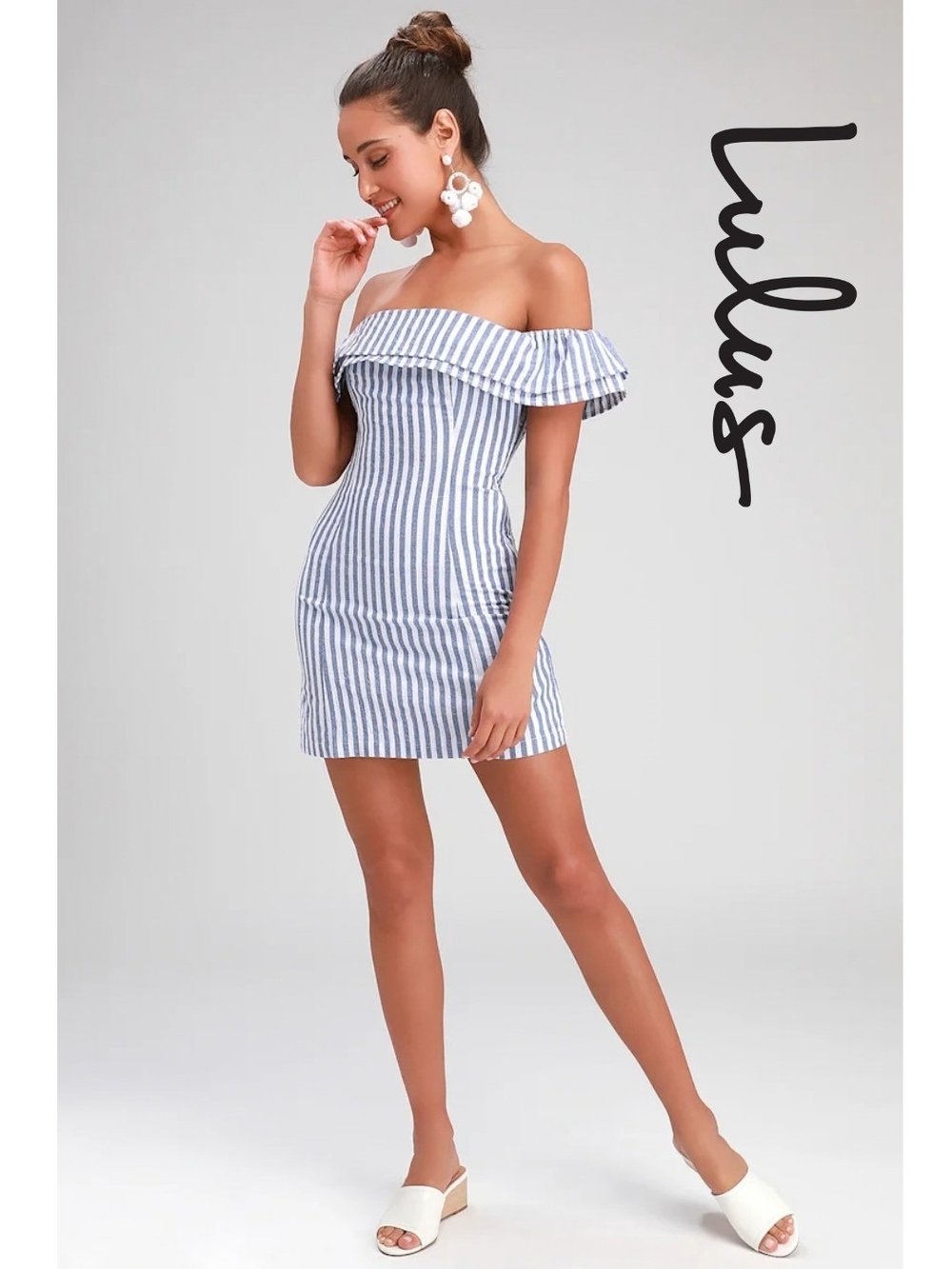 Lulu's Seaside Skipper Blue Striped Off-the-Shoulder Mini Dress